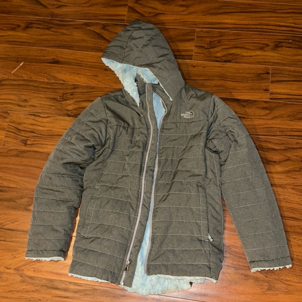 North Face gray/teal fleece lined jacket. Size 14/16. $35